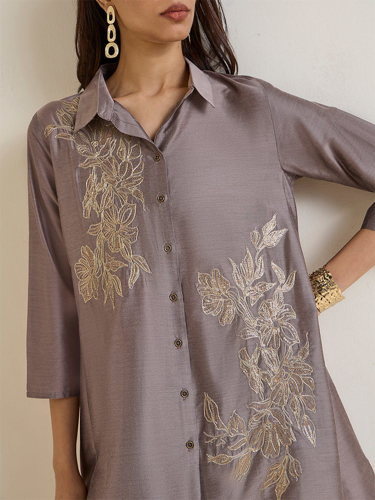 Vark Grey Floral Embroidered Ethnic Set