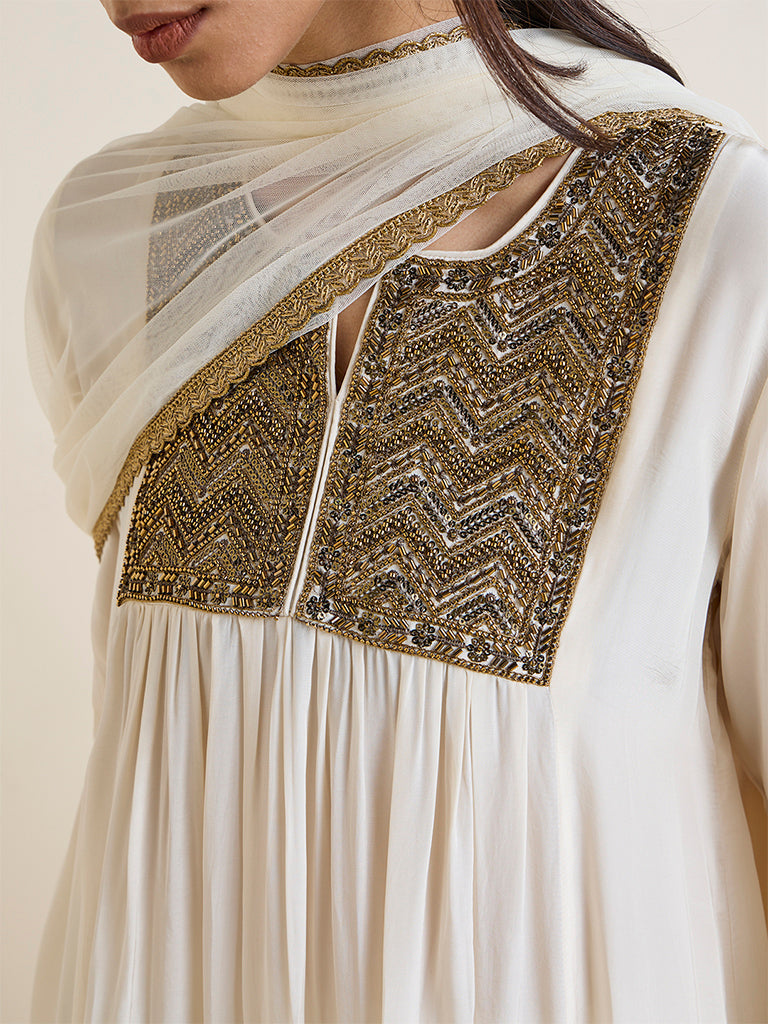 Vark Off-White Embellished Anarkali Ethnic Set