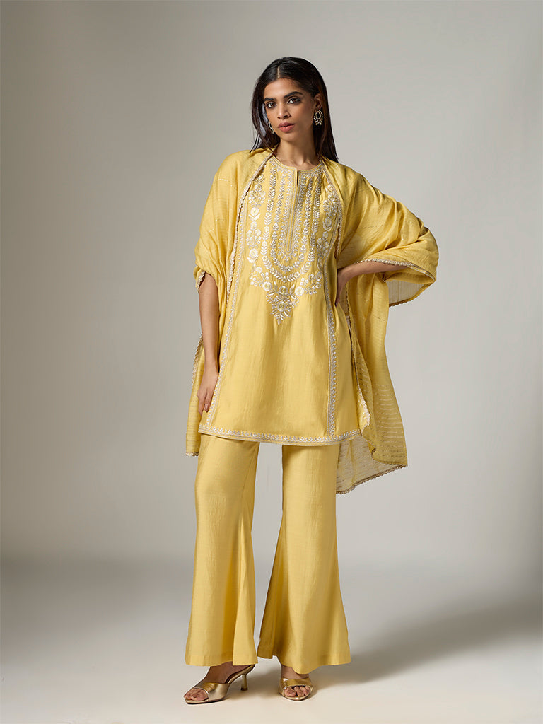 Vark Yellow Floral Embroidered Straight Ethnic Set