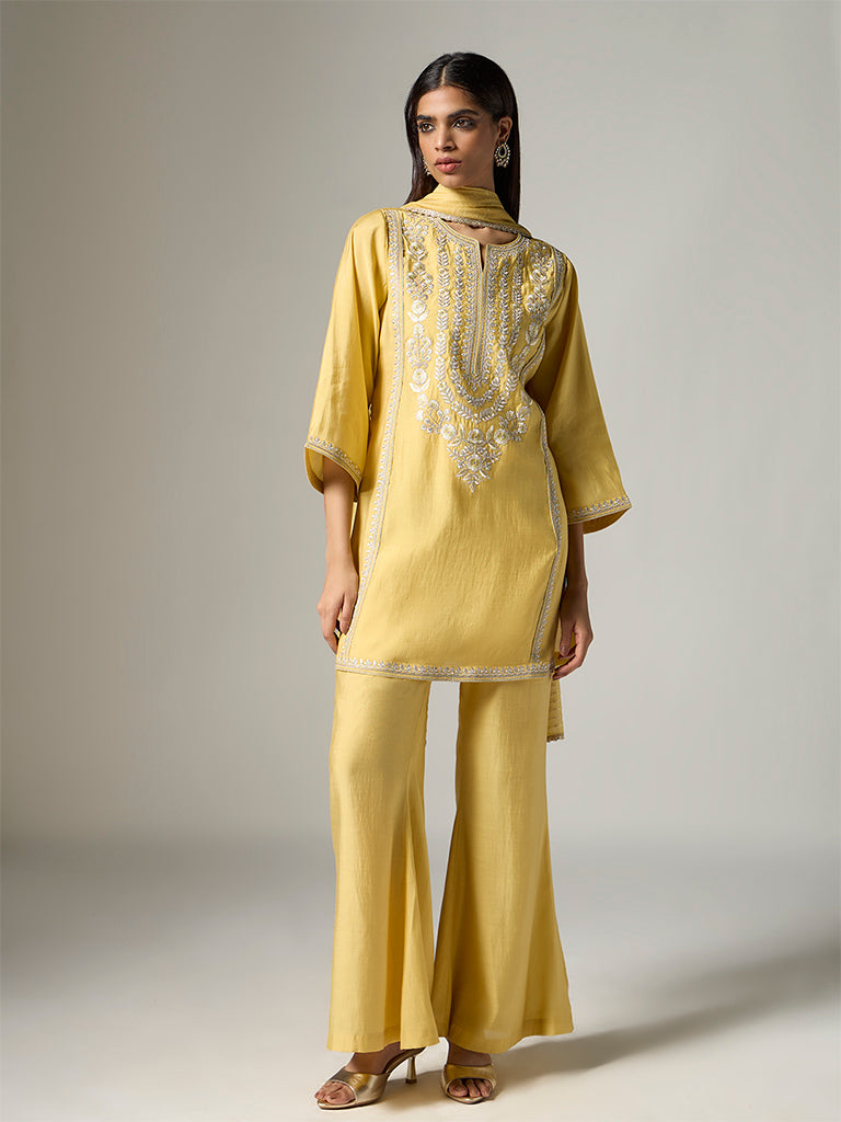 Vark Yellow Floral Embroidered Straight Ethnic Set