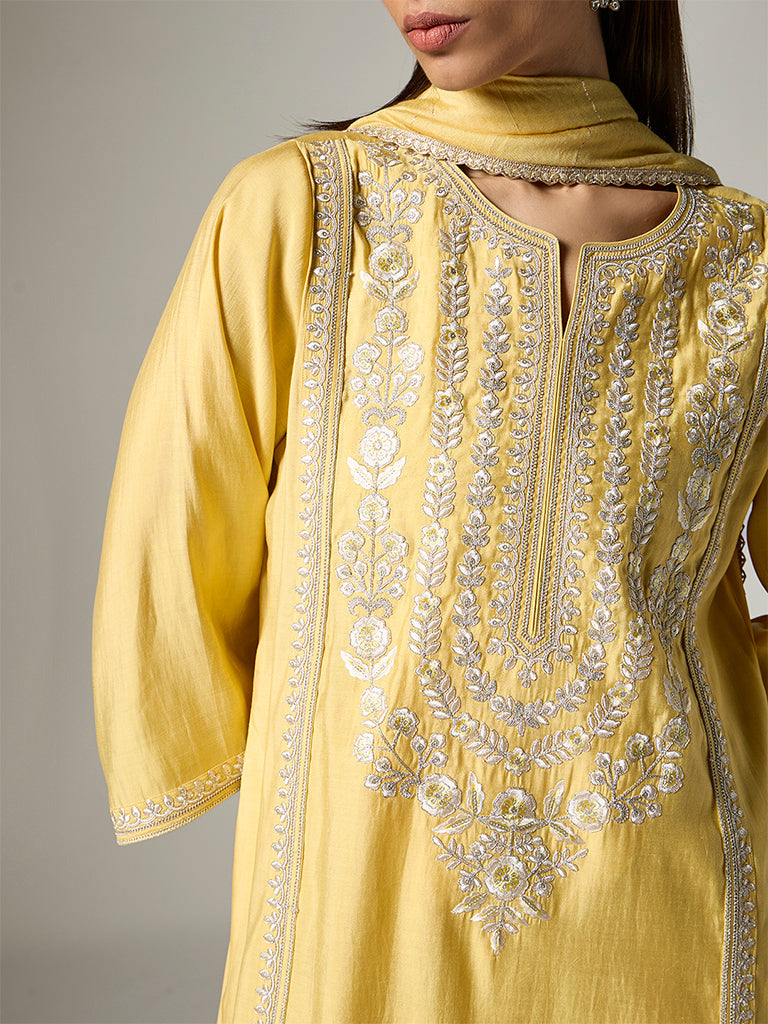 Vark Yellow Floral Embroidered Straight Ethnic Set