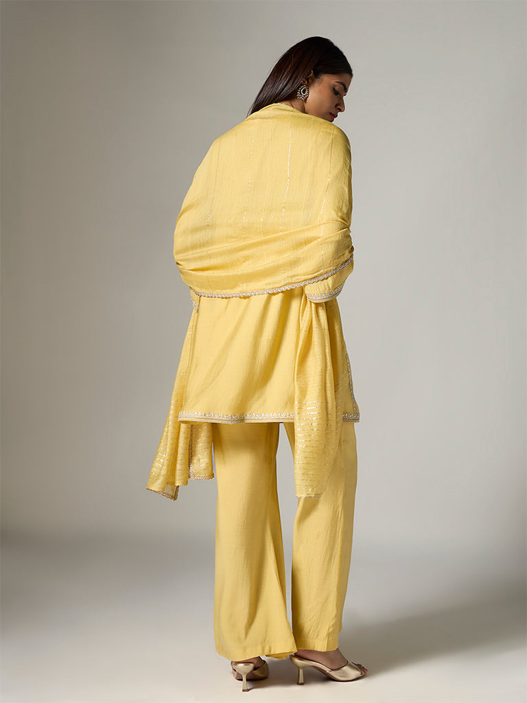 Vark Yellow Floral Embroidered Straight Ethnic Set