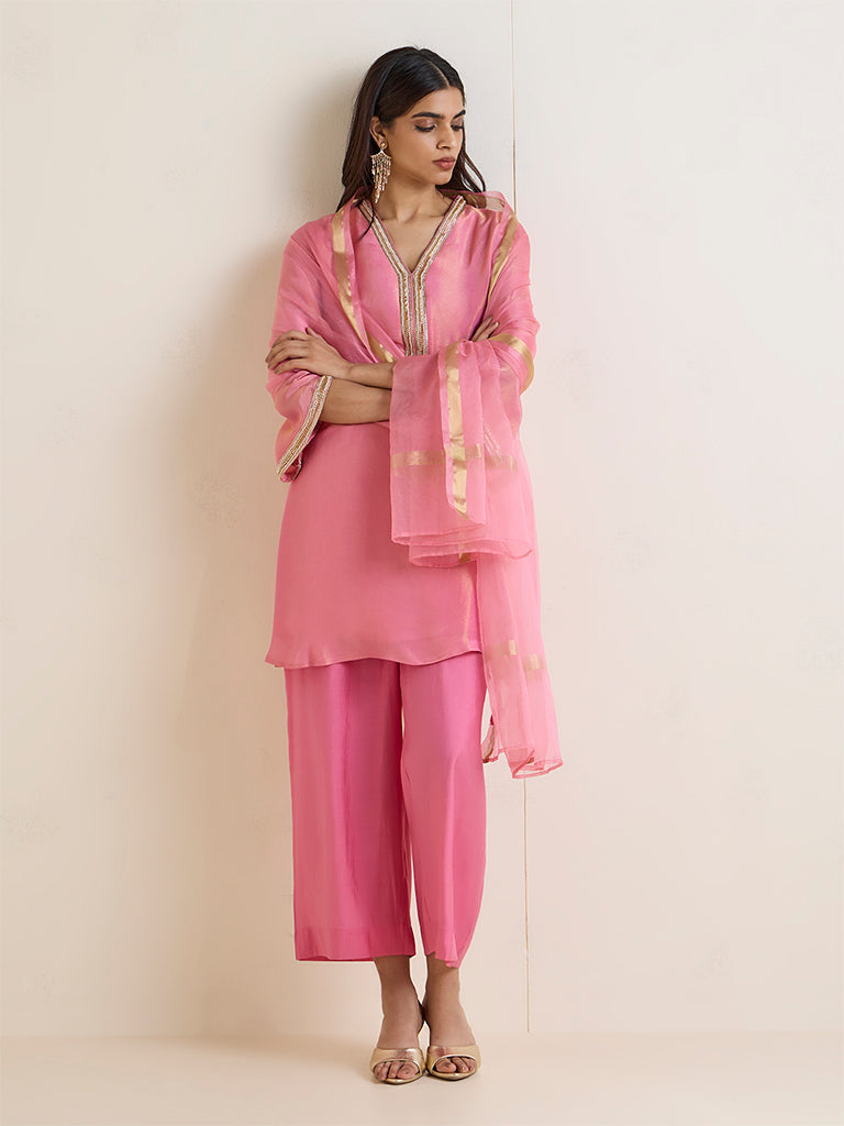 Vark Pink Embellished A-Line Ethnic Set