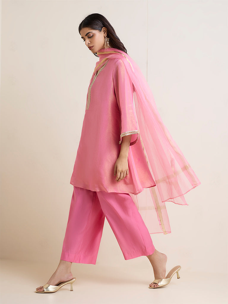 Vark Pink Embellished A-Line Ethnic Set
