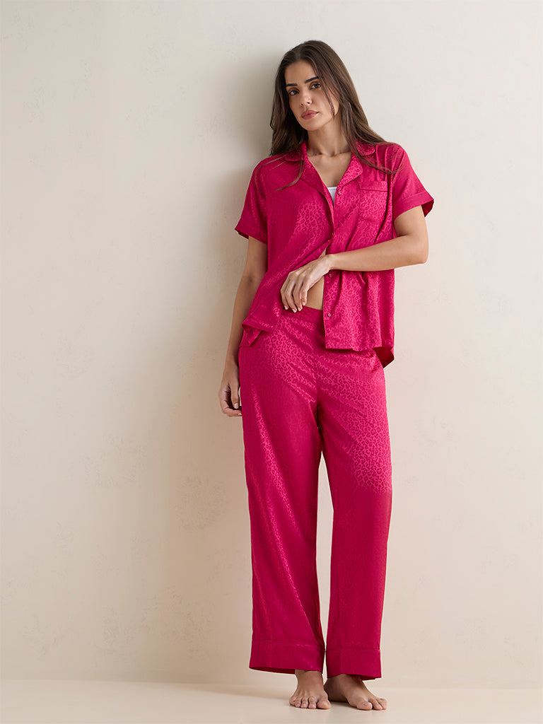 Wunderlove Fuchsia Jacquard Satin Shirt and Pyjamas Set