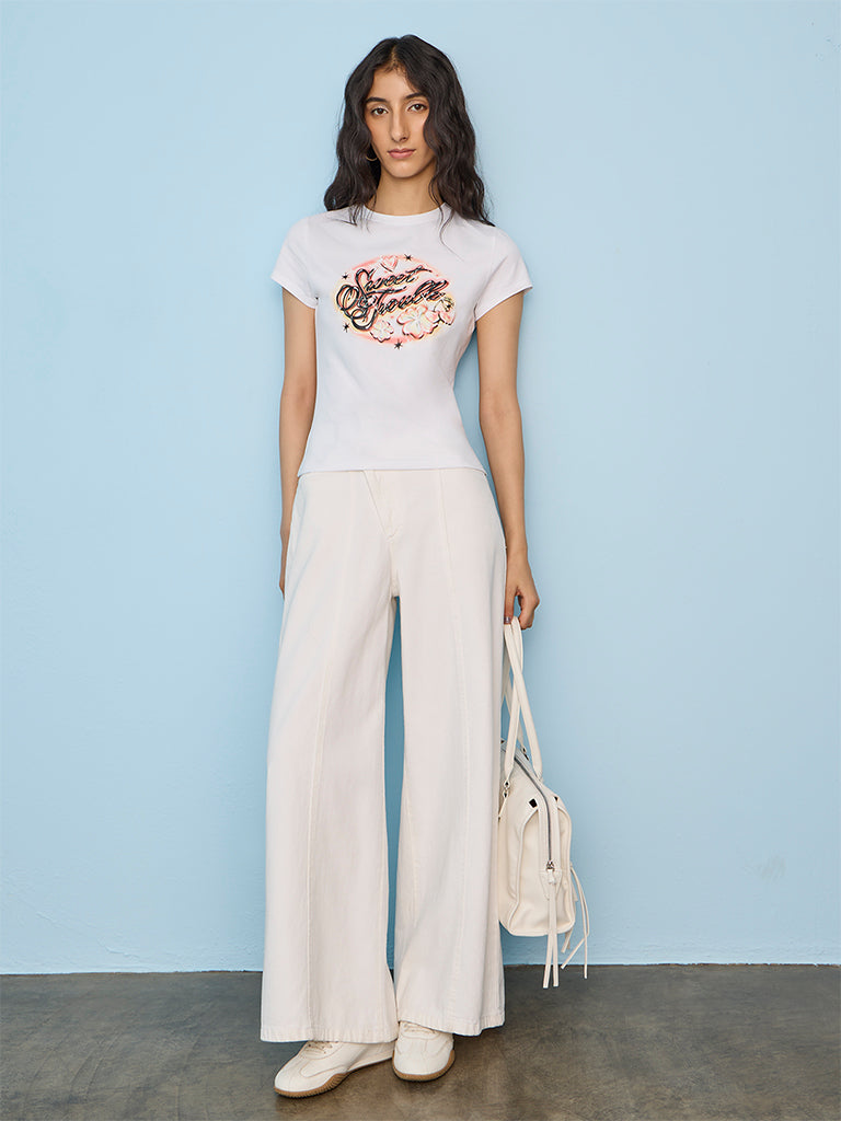 Nuon White Graphic Printed Cotton T-Shirt