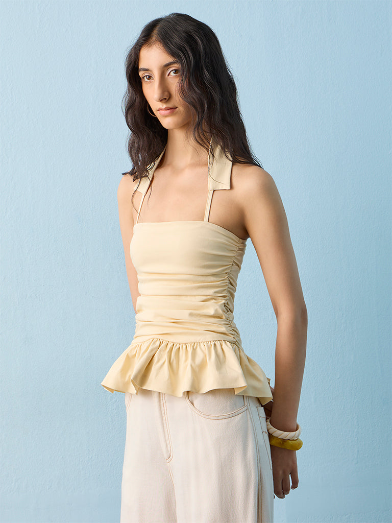 Nuon Light Yellow Solid Ruched Top