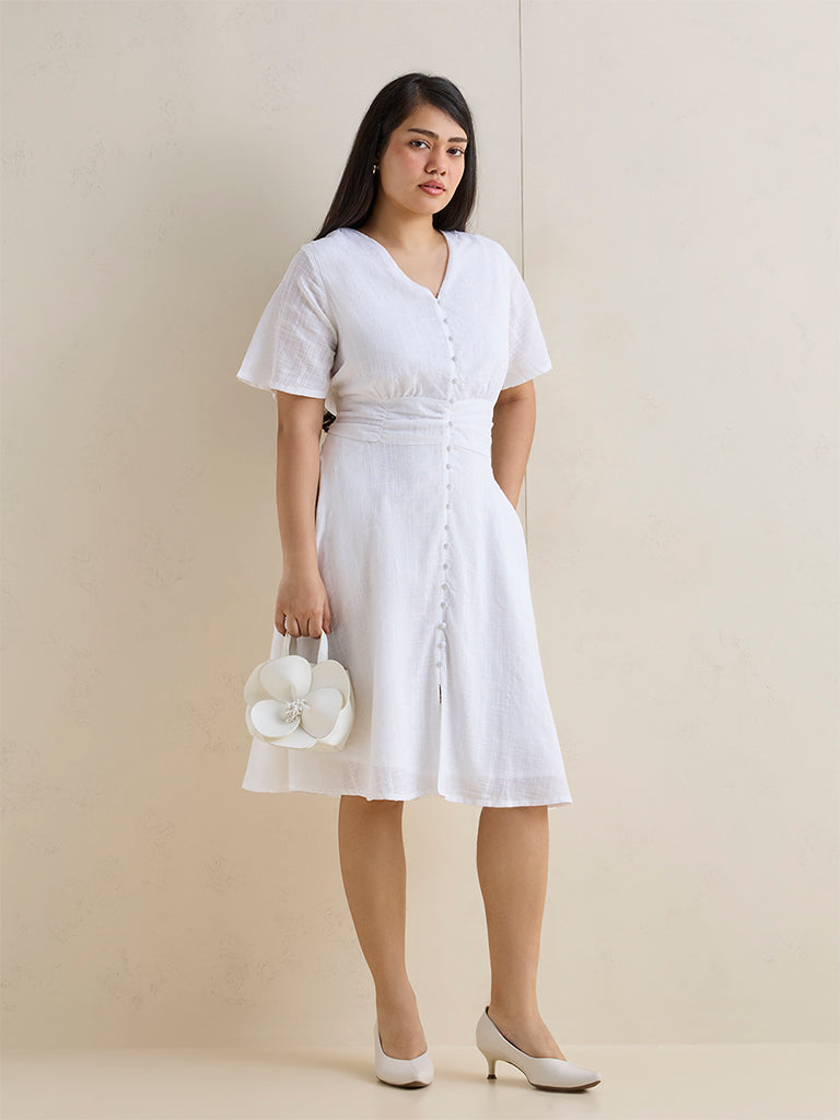 Gia White Solid Cotton-Blend A-Line Dress