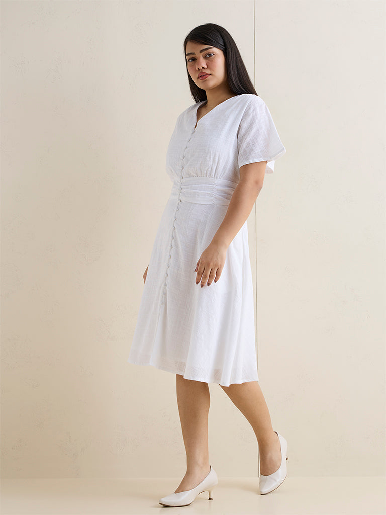 Gia White Solid Cotton-Blend A-Line Dress