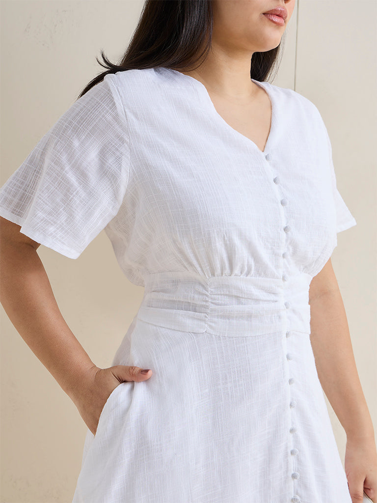 Gia White Solid Cotton-Blend A-Line Dress