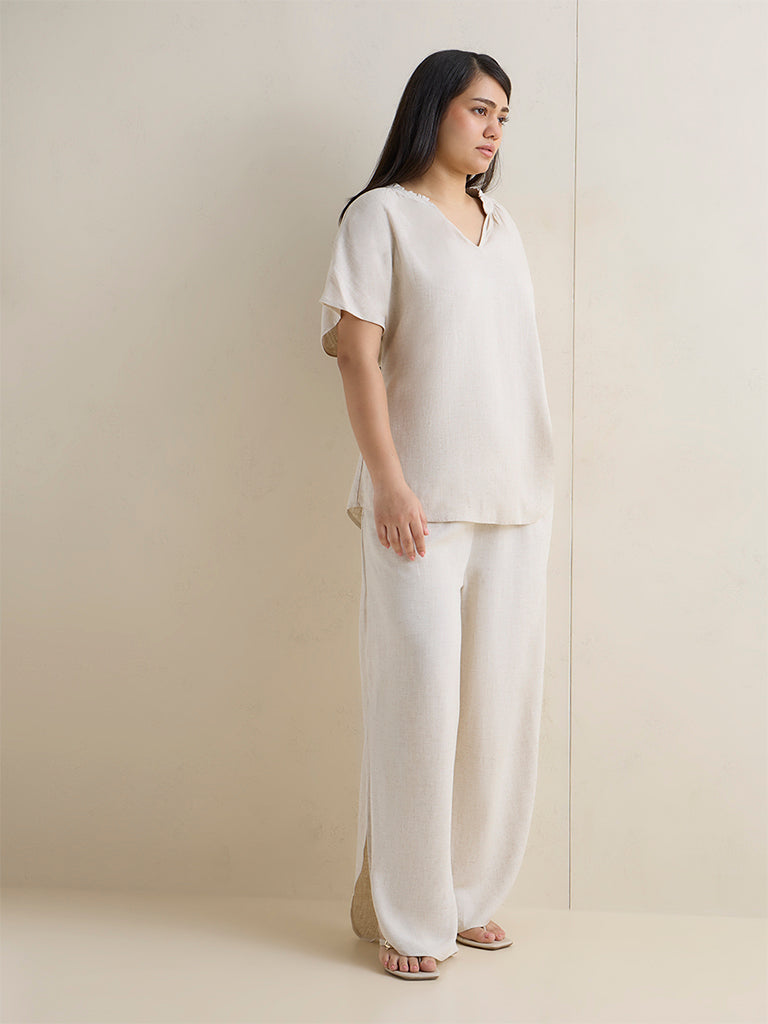 Gia Beige Slit Detailed High-Rise Cotton Trousers
