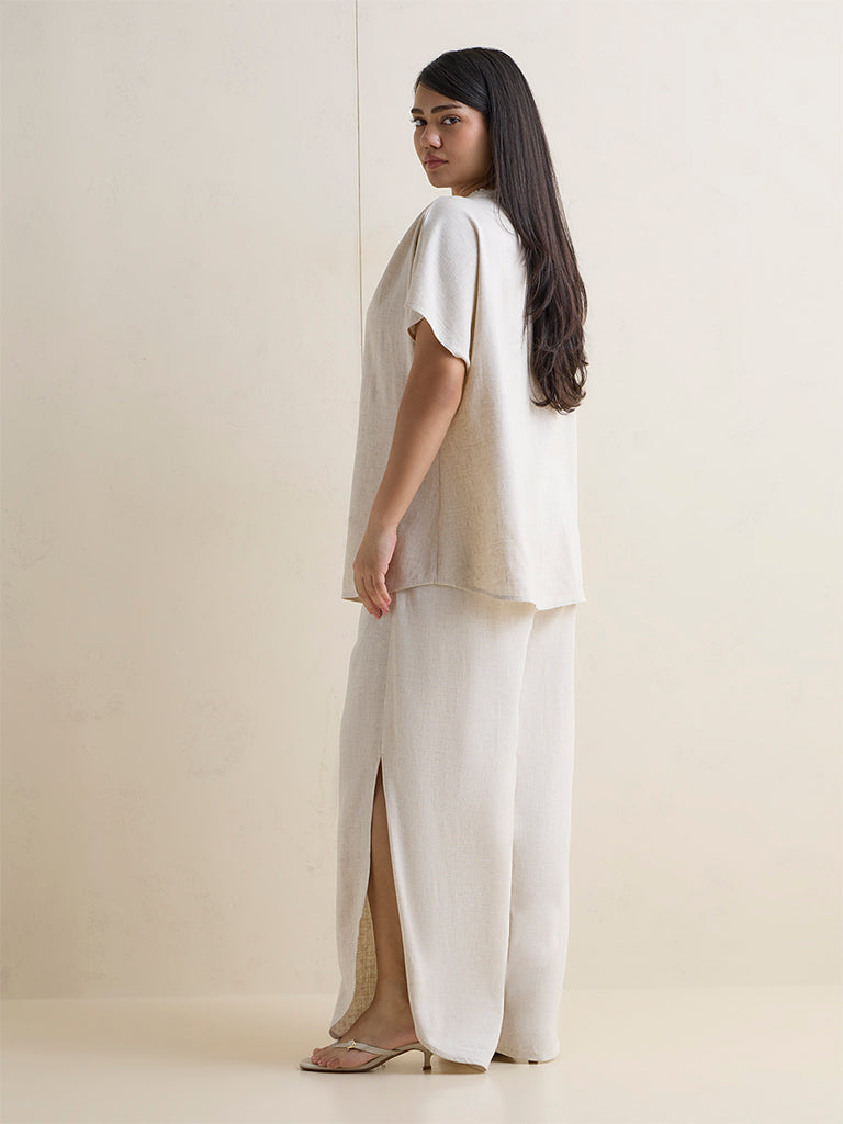Gia Beige Slit Detailed High-Rise Cotton Trousers