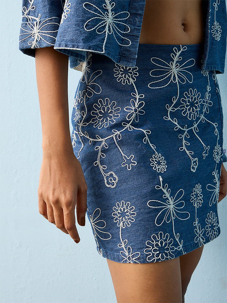 LOV Blue Floral Embroidered High-Rise Denim Skirt