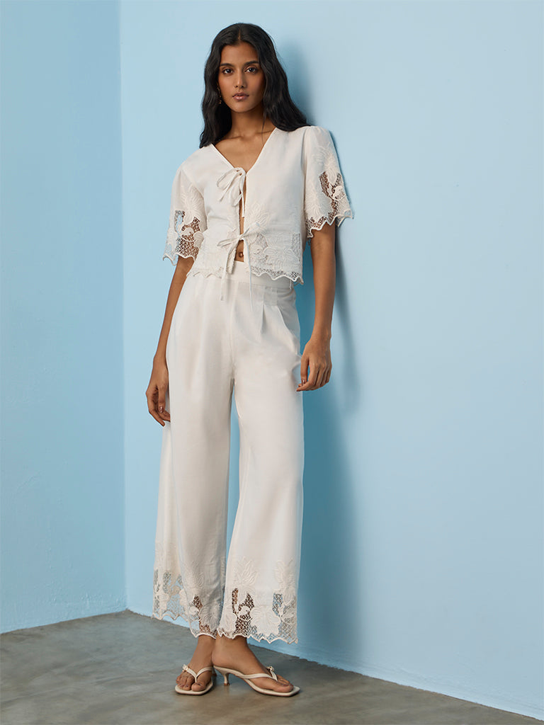 LOV White Floral Embroidered High-Rise Cotton Pants