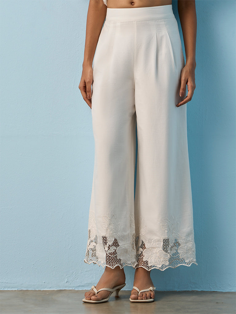 LOV White Floral Embroidered High-Rise Cotton Pants