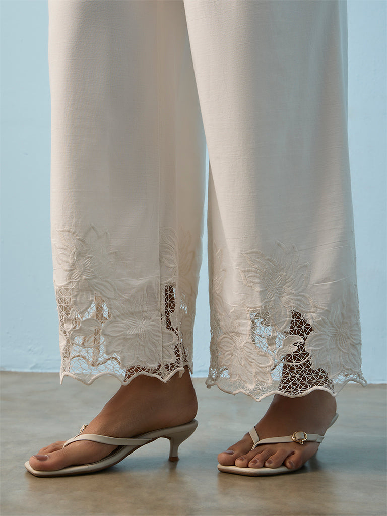 LOV White Floral Embroidered High-Rise Cotton Pants
