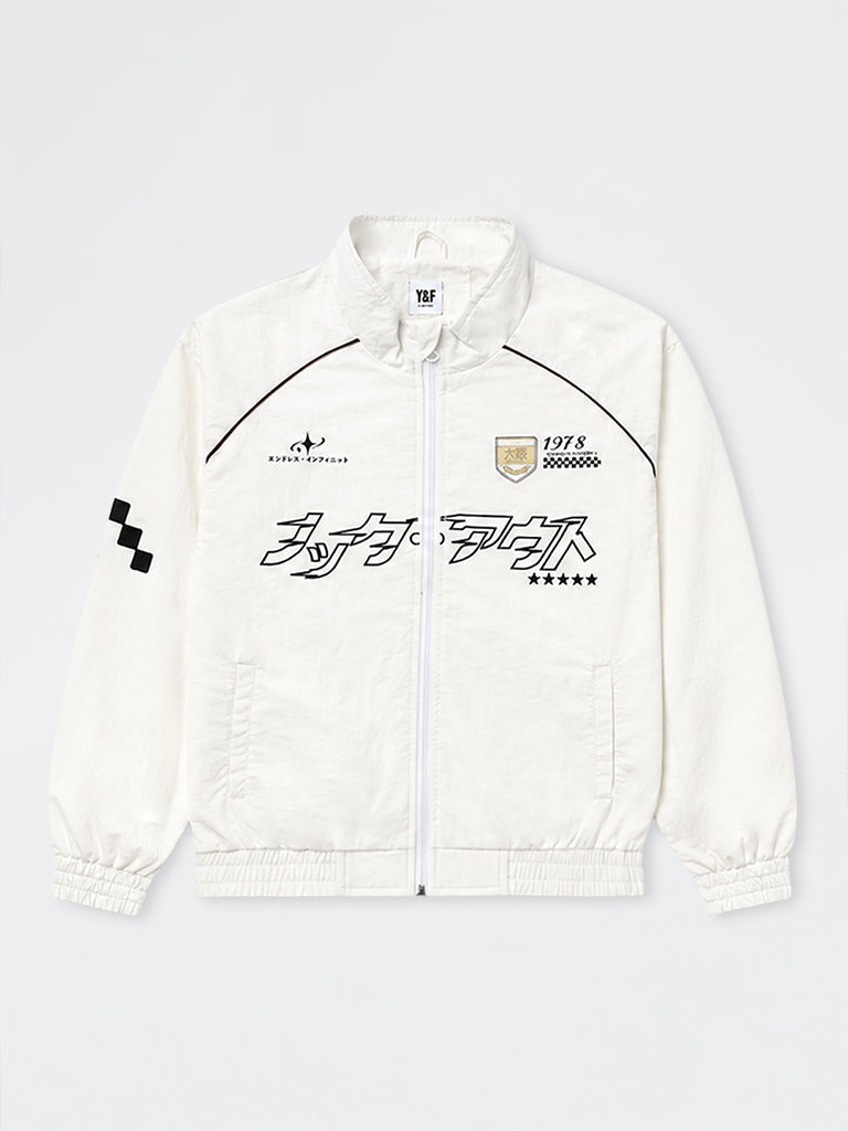Boys White Japanese Text-Printed Jacket