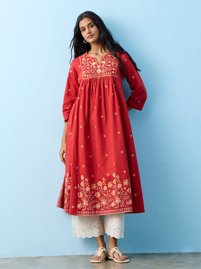 Utsa Red Floral Embroidered Cotton Anarkali Kurta
