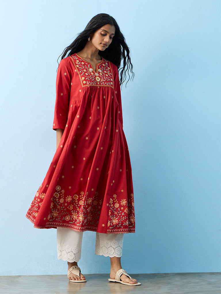 Utsa Red Floral Embroidered Cotton Anarkali Kurta