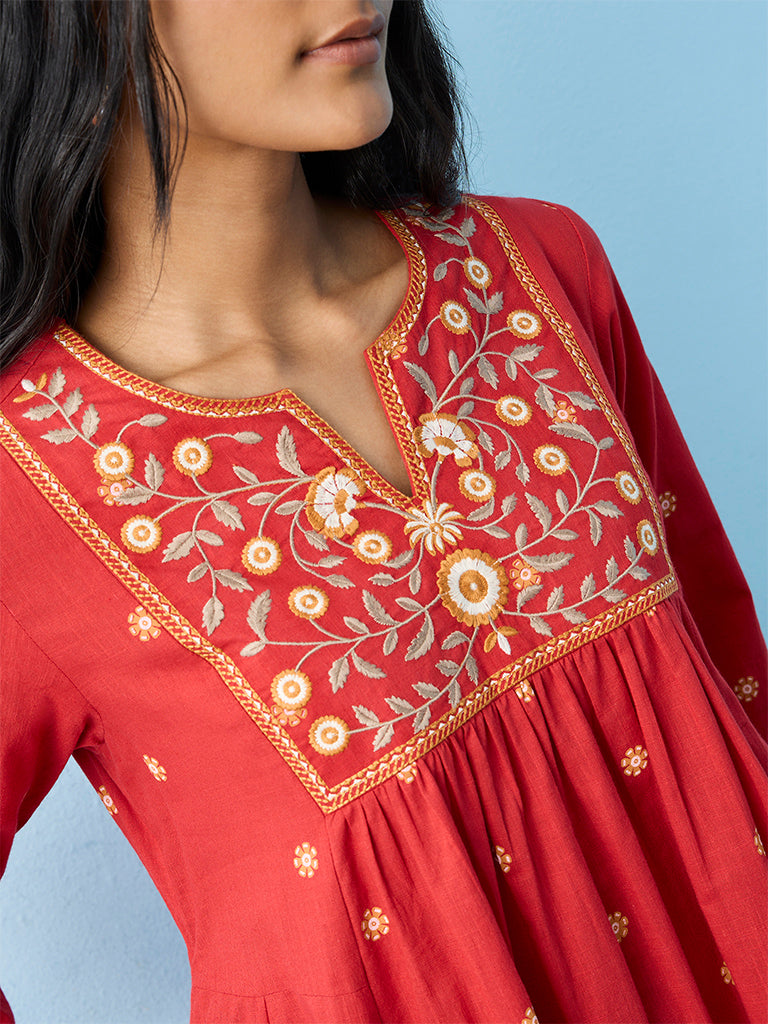 Utsa Red Floral Embroidered Cotton Anarkali Kurta