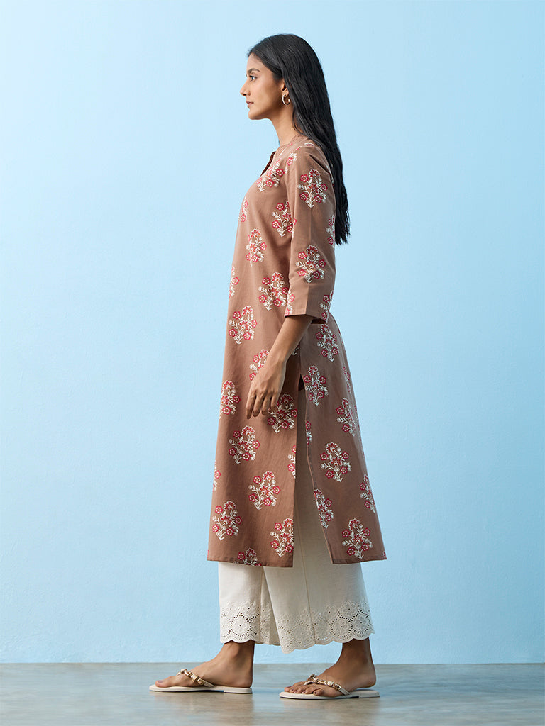 Utsa Light Brown Floral Printed Cotton A-Line Kurta