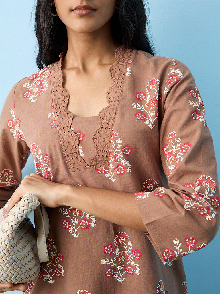 Utsa Light Brown Floral Printed Cotton A-Line Kurta