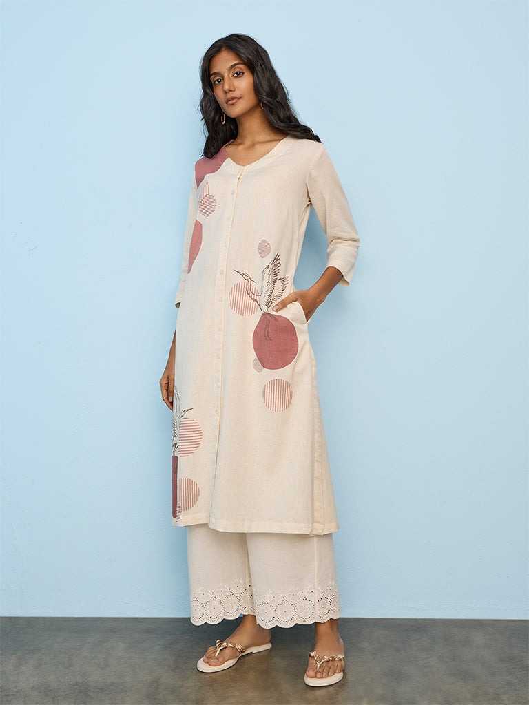 Utsa Light Beige Printed Cotton-Blend A-Line Kurta