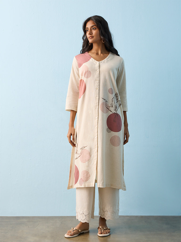 Utsa Light Beige Printed Cotton-Blend A-Line Kurta