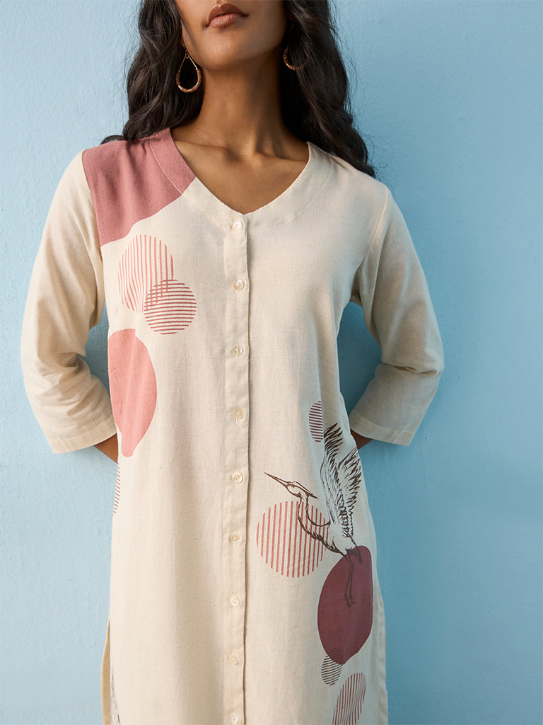 Utsa Light Beige Printed Cotton-Blend A-Line Kurta