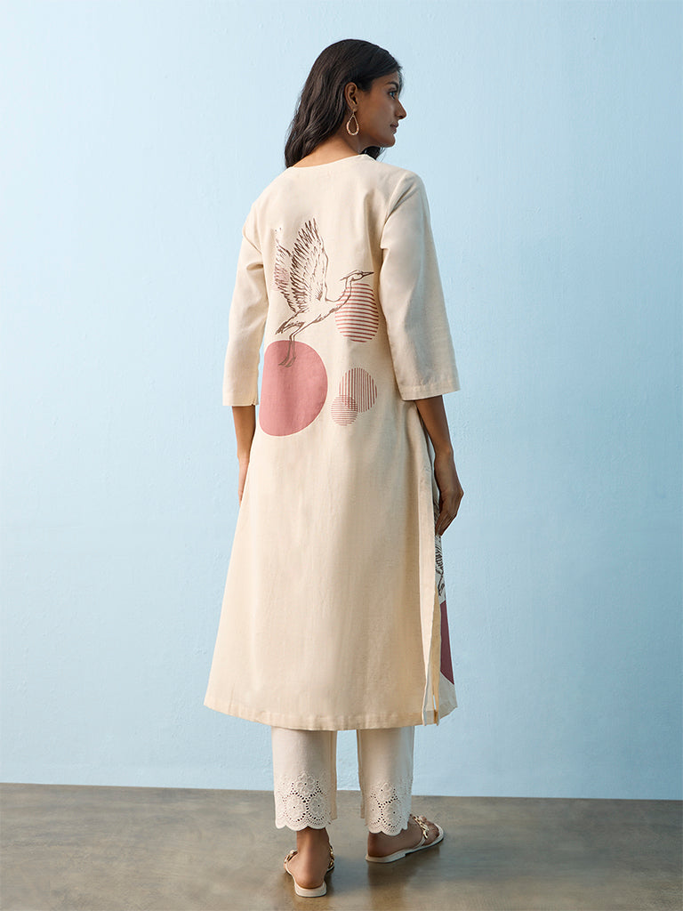 Utsa Light Beige Printed Cotton-Blend A-Line Kurta