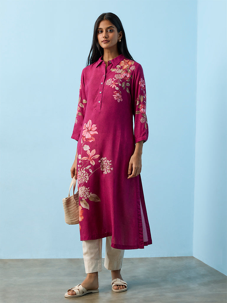 Utsa Magenta Floral Printed A-Line Kurta