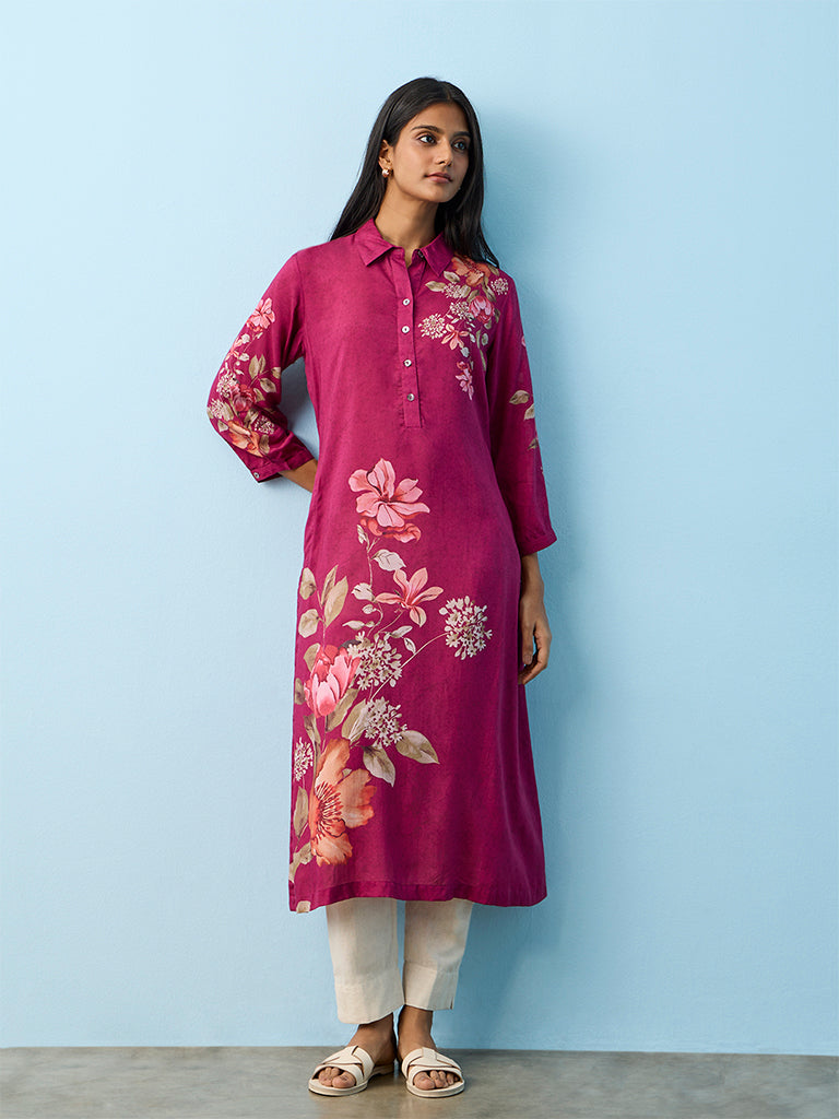 Utsa Magenta Floral Printed A-Line Kurta
