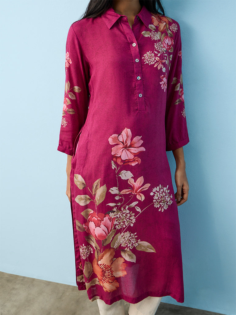 Utsa Magenta Floral Printed A-Line Kurta