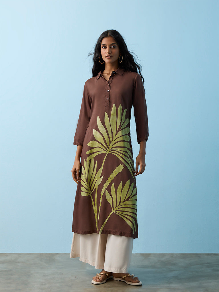 Utsa Brown Botanical Printed A-Line Kurta
