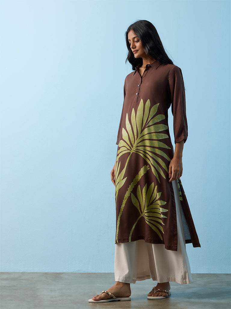 Utsa Brown Botanical Printed A-Line Kurta