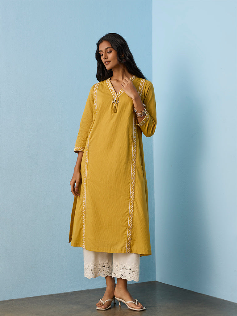 Utsa Yellow Geometric Embroidered Cotton A-Line Kurta