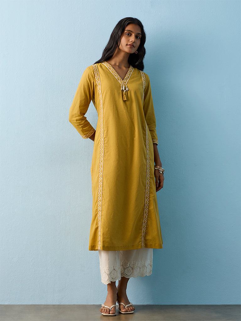 Utsa Yellow Geometric Embroidered Cotton A-Line Kurta