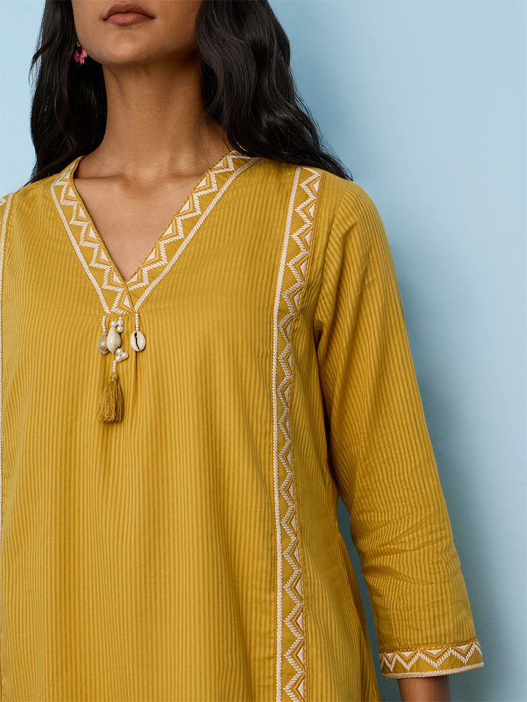Utsa Yellow Geometric Embroidered Cotton A-Line Kurta