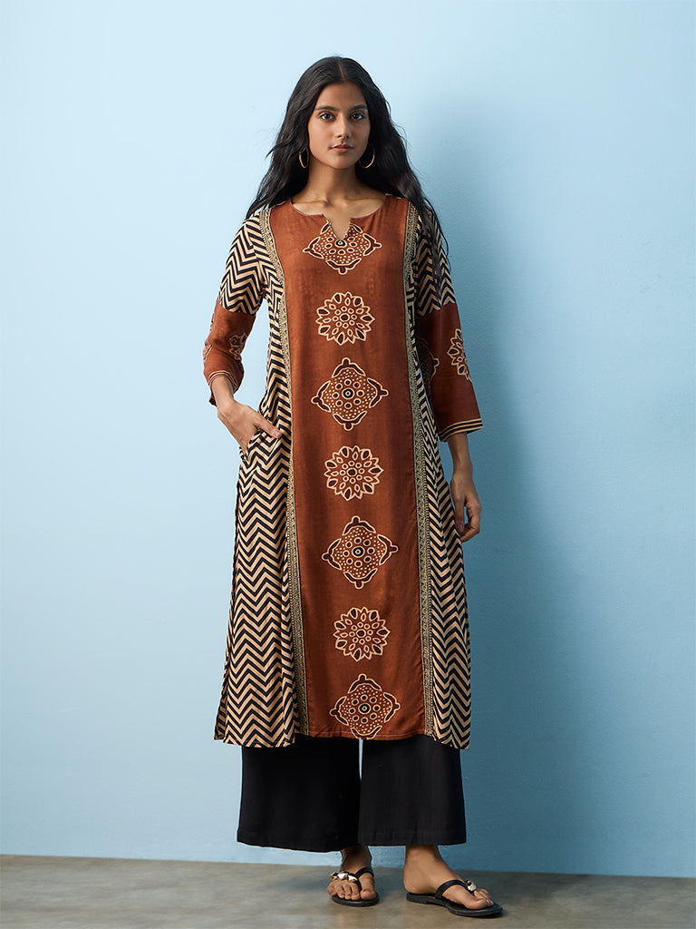 Utsa Rust Printed A-Line Kurta