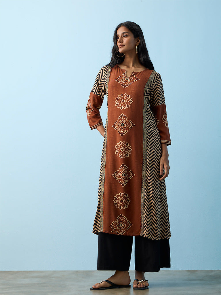 Utsa Rust Printed A-Line Kurta