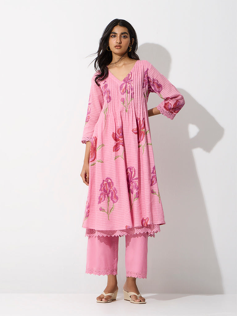 Utsa Pink Floral Pattern Cotton A-Line Kurta