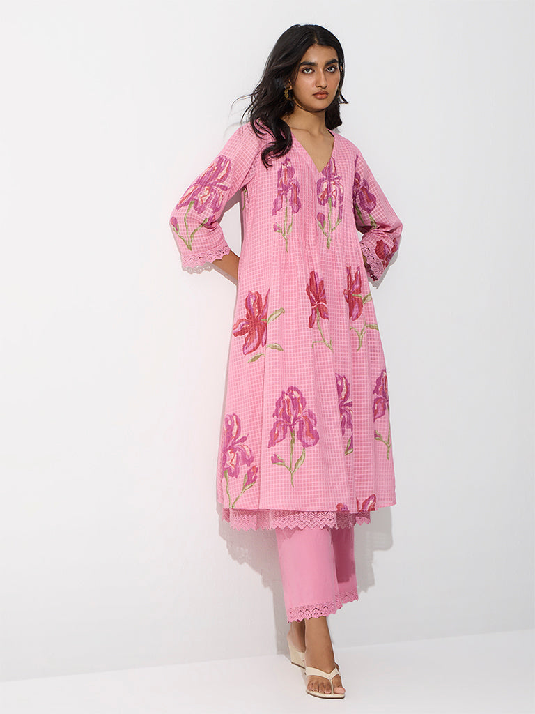 Utsa Pink Floral Pattern Cotton A-Line Kurta