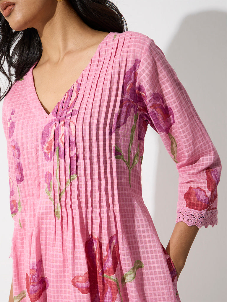Utsa Pink Floral Pattern Cotton A-Line Kurta