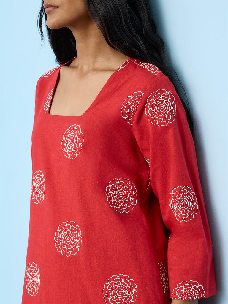 Utsa Red Floral Printed Cotton-Blend Straight Kurta