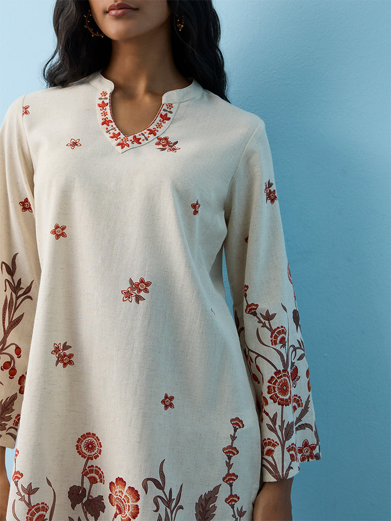 Utsa Off-White Foliage Printed Cotton-Blend A-Line Kurta