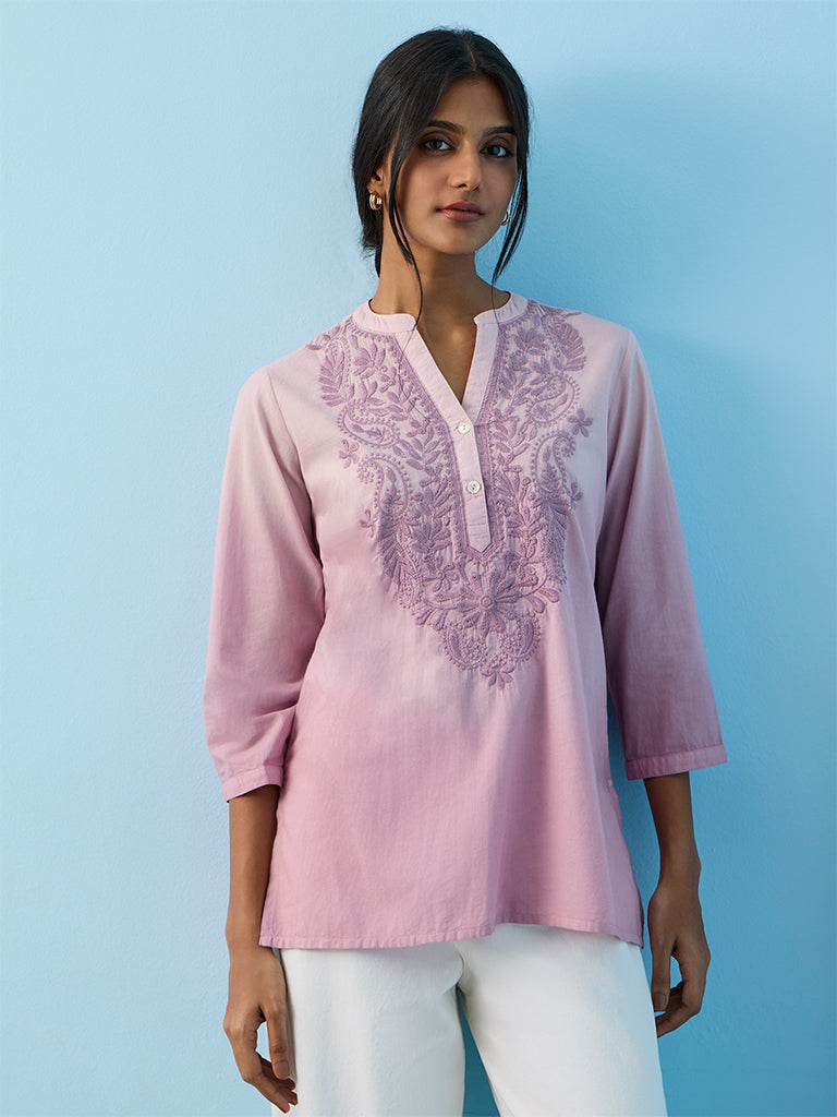 Utsa Lavender Floral Embroidered Cotton Tunic