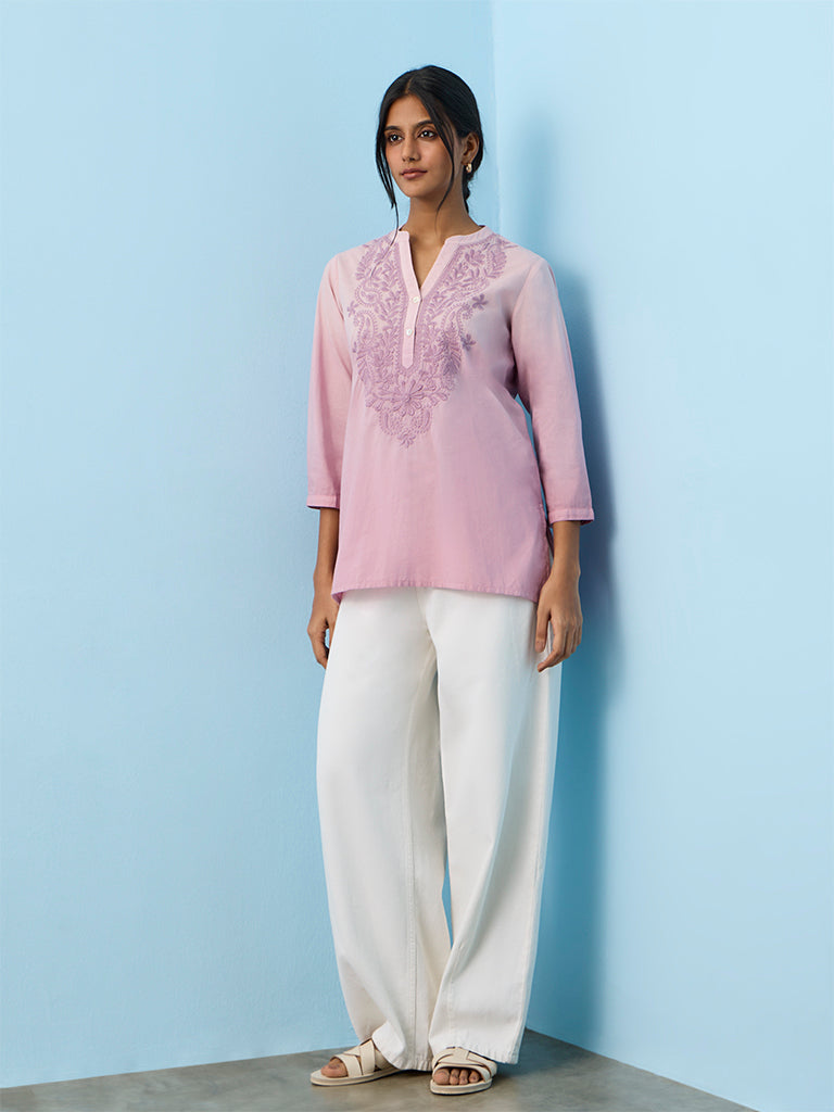 Utsa Lavender Floral Embroidered Cotton Tunic