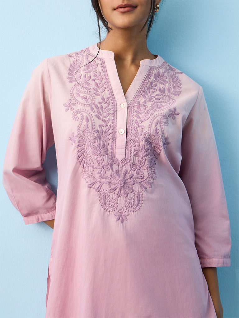 Utsa Lavender Floral Embroidered Cotton Tunic