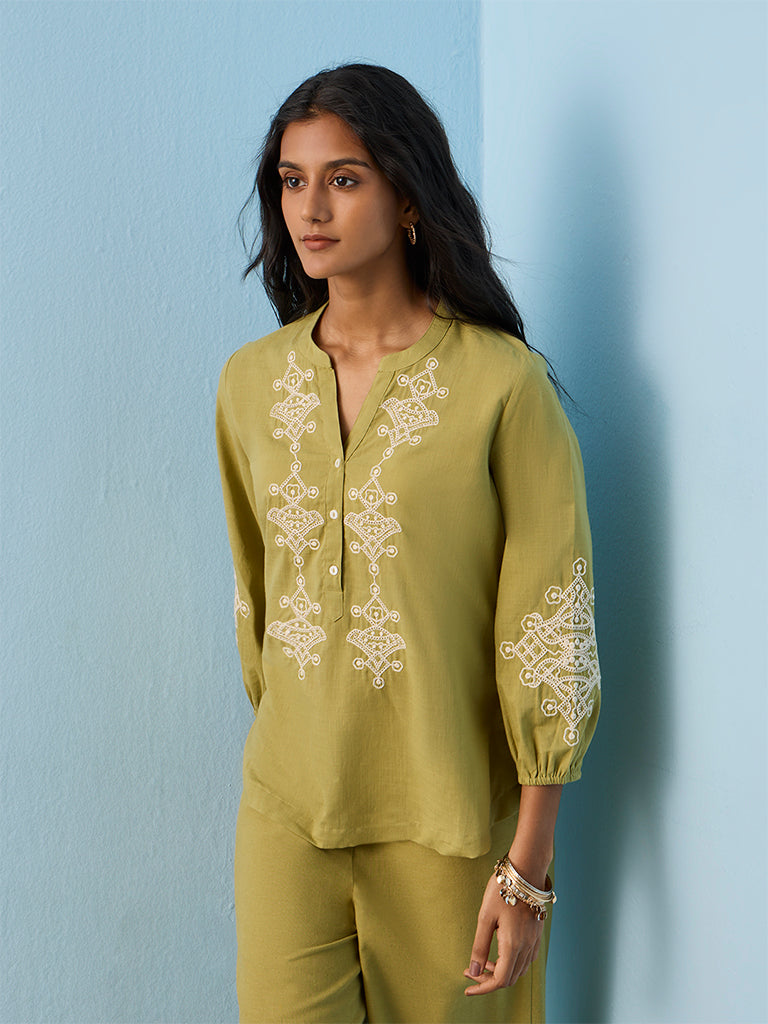 Utsa Green Embroidered Cotton Tunic