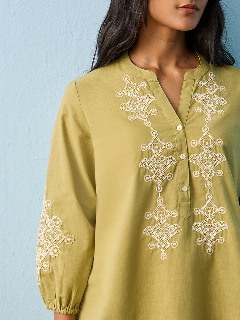 Utsa Green Embroidered Cotton Tunic